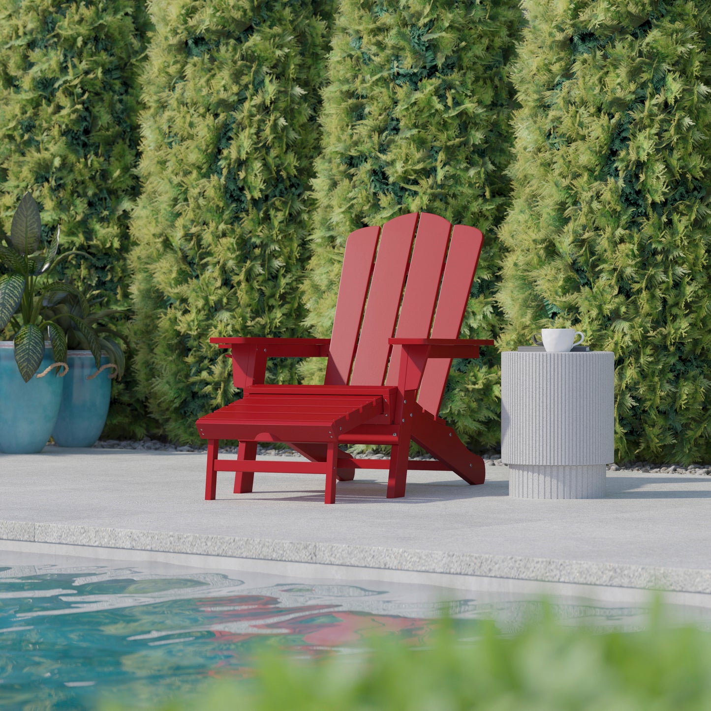 Newport HDPE Adirondack Chair with Cup Holder and Pull Out Ottoman, All-Weather HDPE Indoor/Outdoor Lounge Chair in Red Red