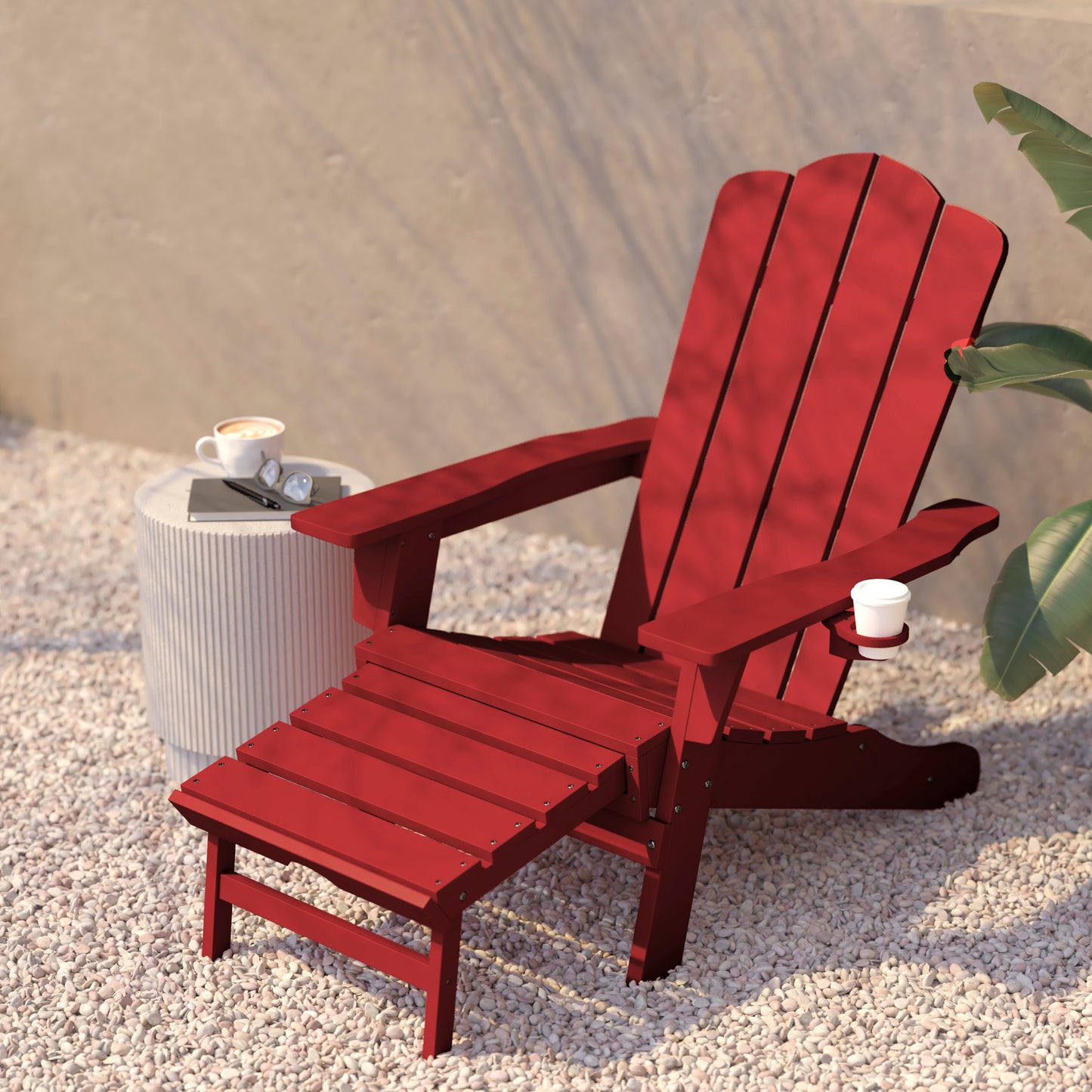 Newport HDPE Adirondack Chair with Cup Holder and Pull Out Ottoman, All-Weather HDPE Indoor/Outdoor Lounge Chair in Red Red