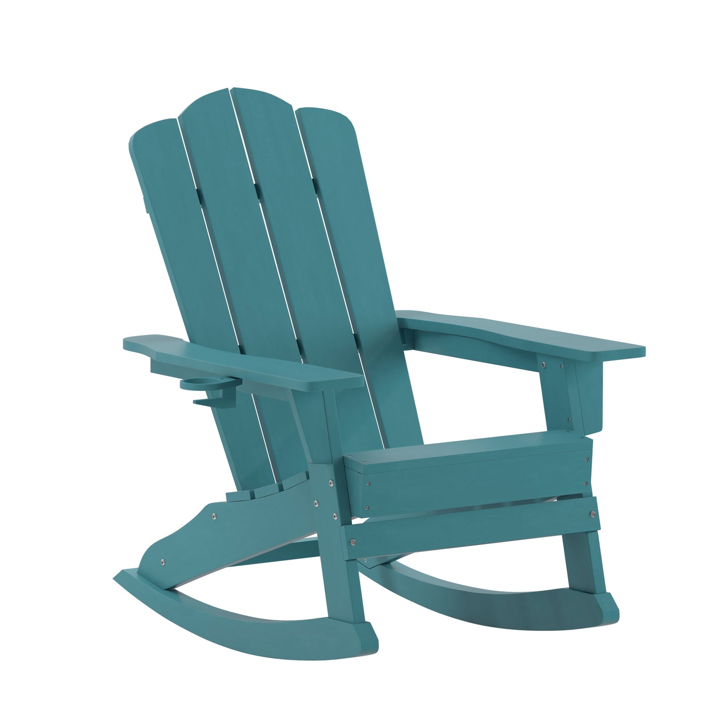 Newport Adirondack Rocking Chair with Cup Holder, Weather Resistant HDPE Adirondack Rocking Chair in Blue Blue