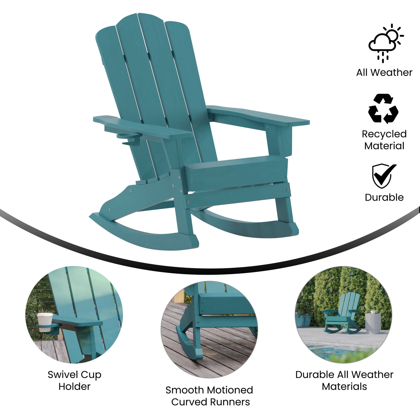 Newport Adirondack Rocking Chair with Cup Holder, Weather Resistant HDPE Adirondack Rocking Chair in Blue Blue