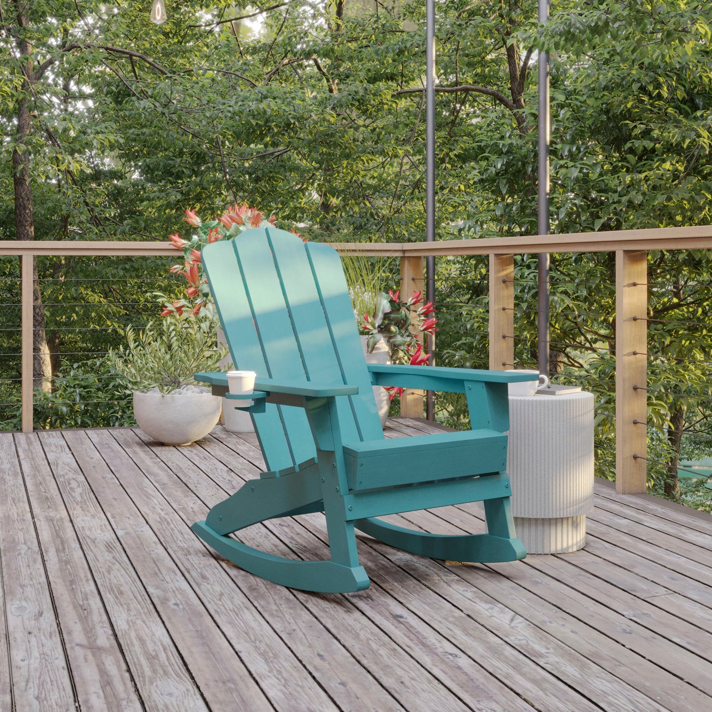 Newport Adirondack Rocking Chair with Cup Holder, Weather Resistant HDPE Adirondack Rocking Chair in Blue Blue