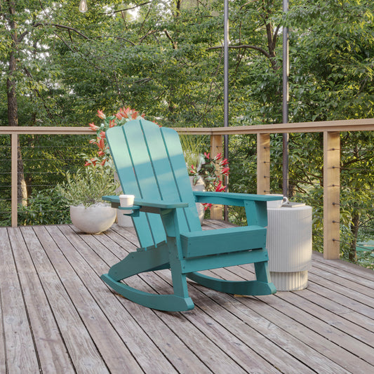 Newport Adirondack Rocking Chair with Cup Holder, Weather Resistant HDPE Adirondack Rocking Chair in Blue Blue