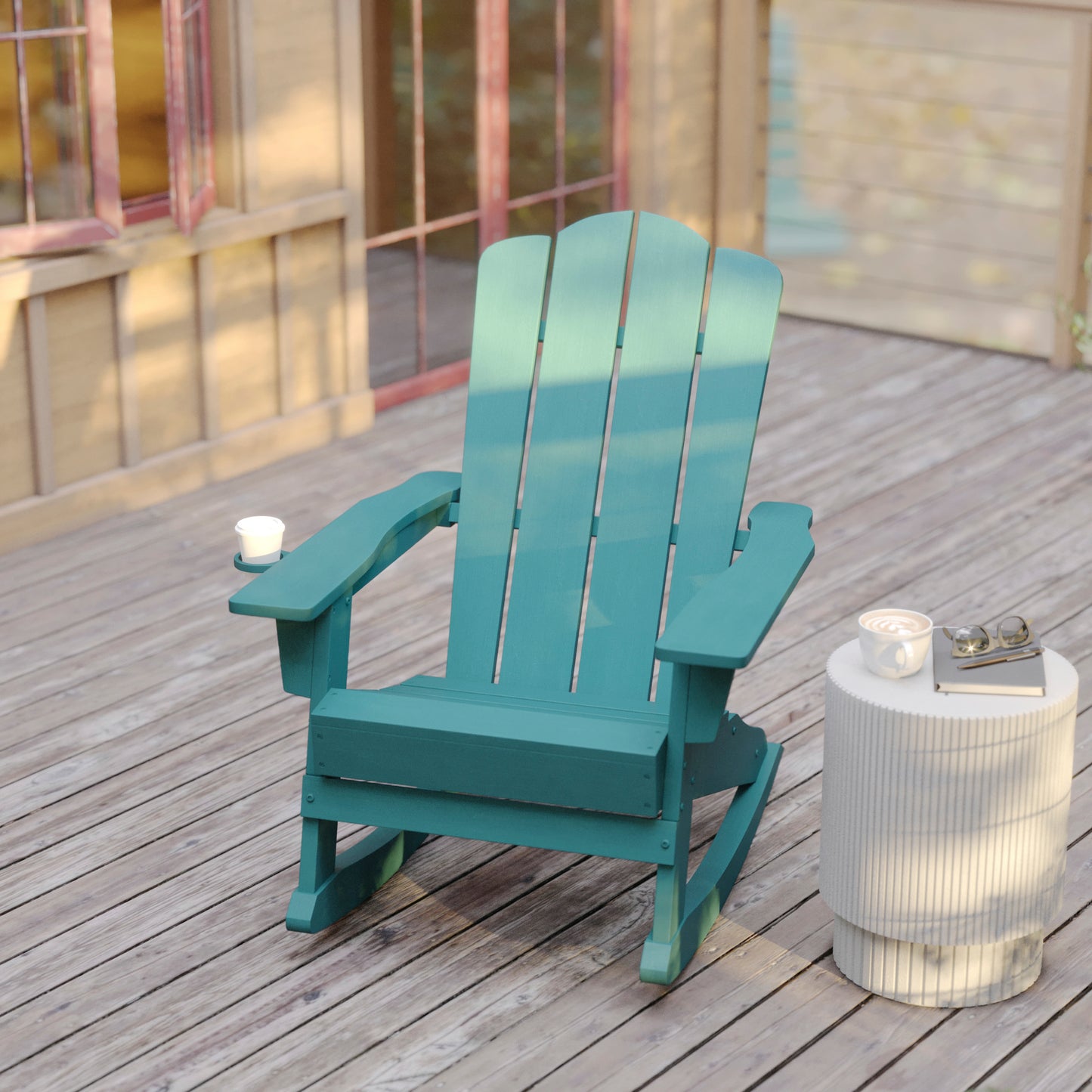 Newport Adirondack Rocking Chair with Cup Holder, Weather Resistant HDPE Adirondack Rocking Chair in Blue Blue