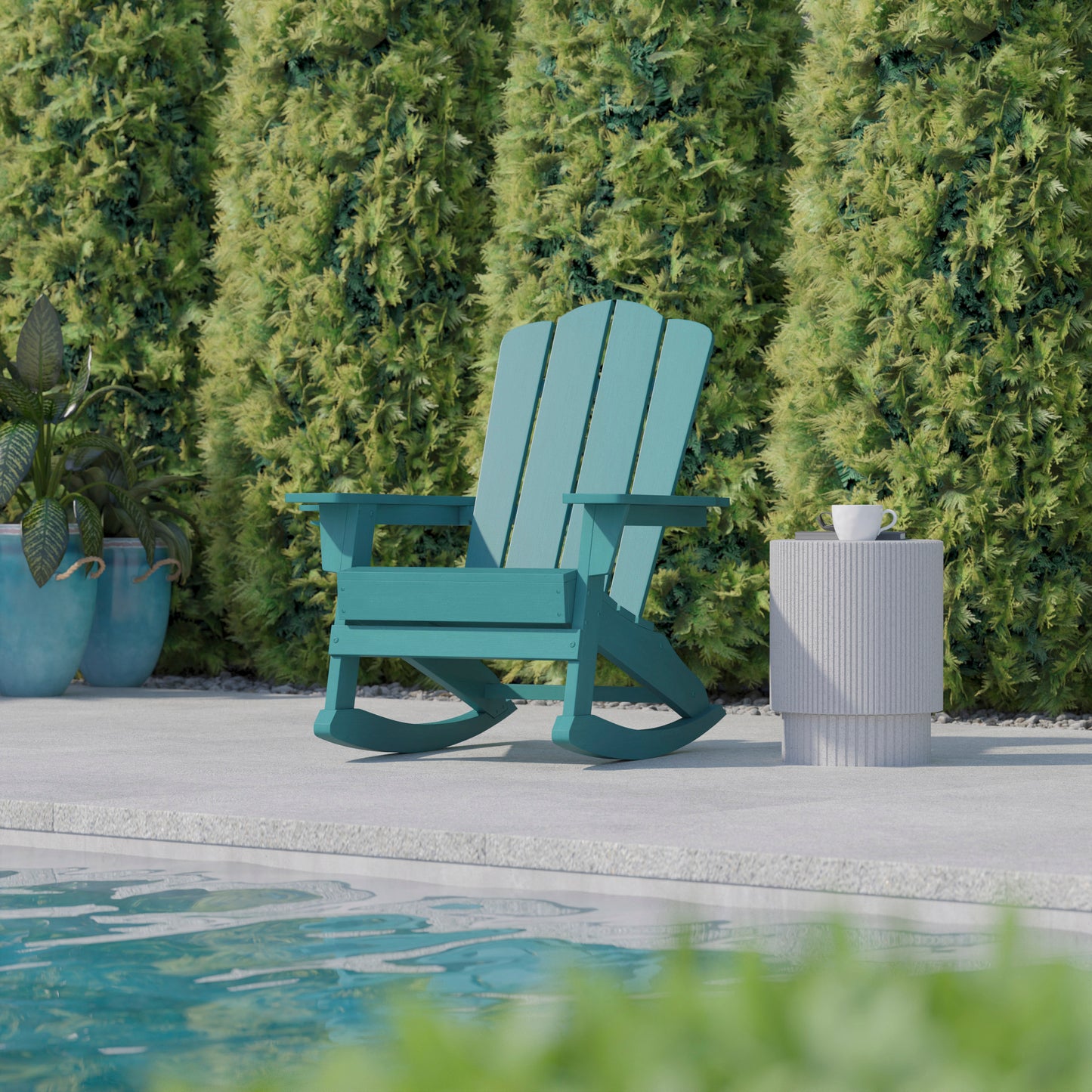 Newport Adirondack Rocking Chair with Cup Holder, Weather Resistant HDPE Adirondack Rocking Chair in Blue Blue