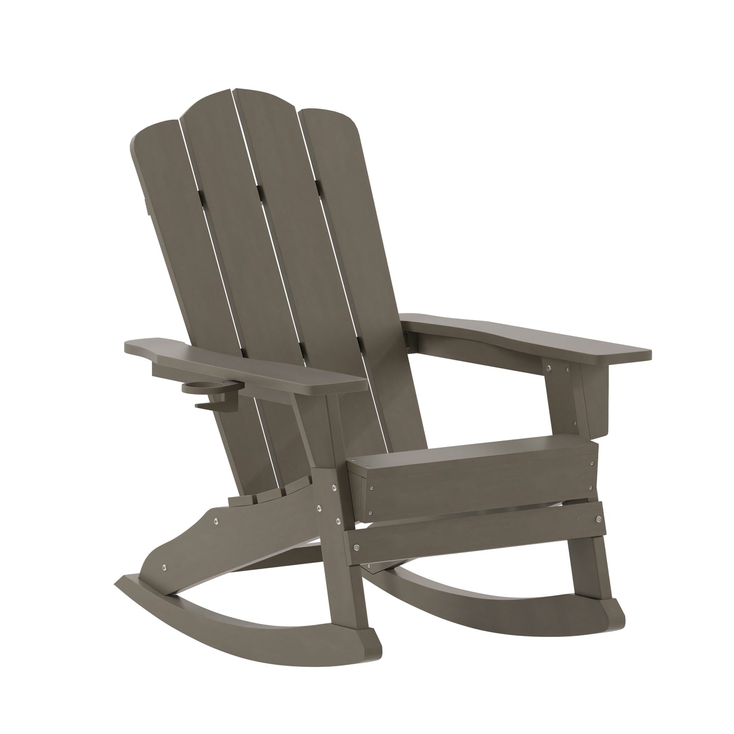 Newport Adirondack Rocking Chair with Cup Holder, Weather Resistant HDPE Adirondack Rocking Chair in Brown Brown