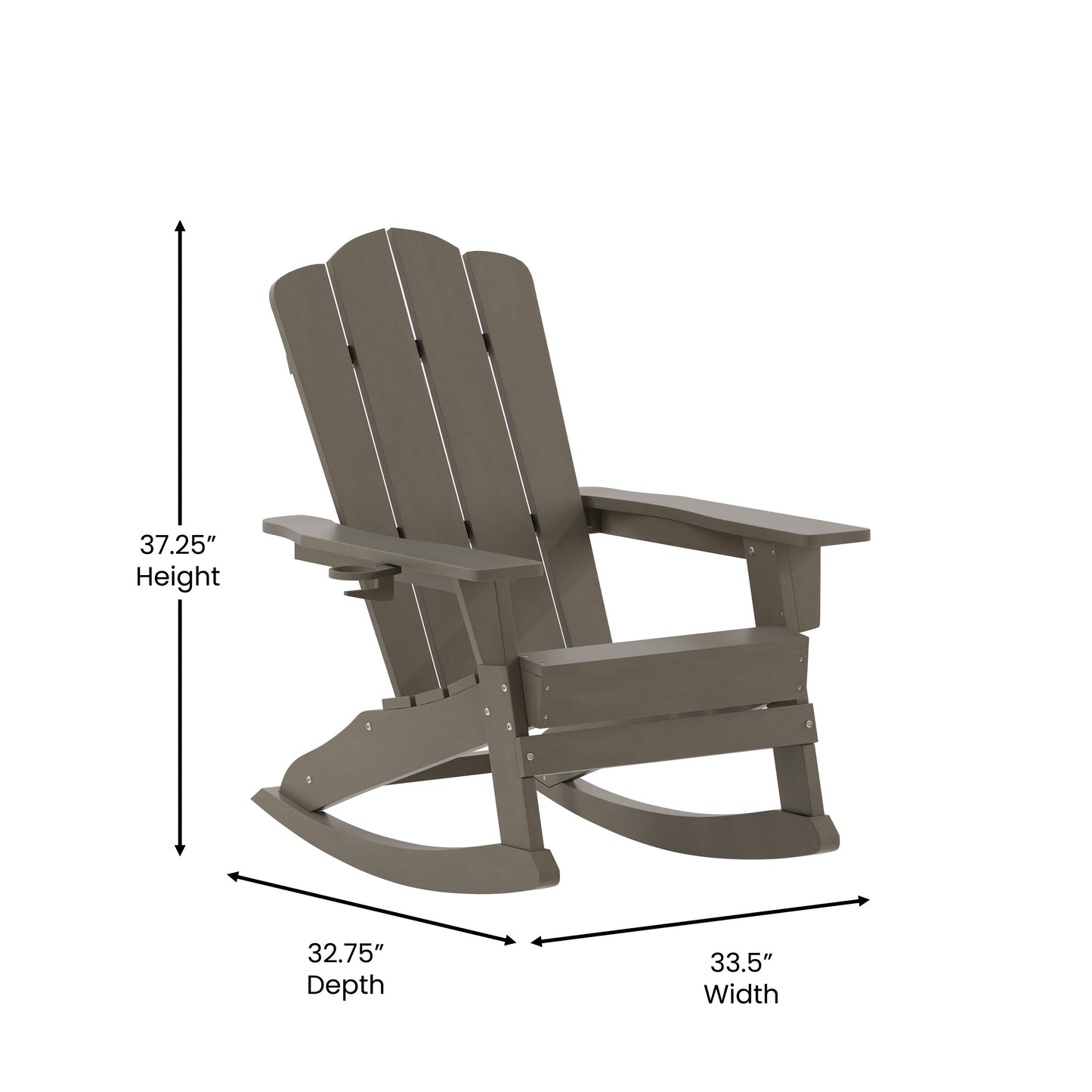 Newport Adirondack Rocking Chair with Cup Holder, Weather Resistant HDPE Adirondack Rocking Chair in Brown Brown