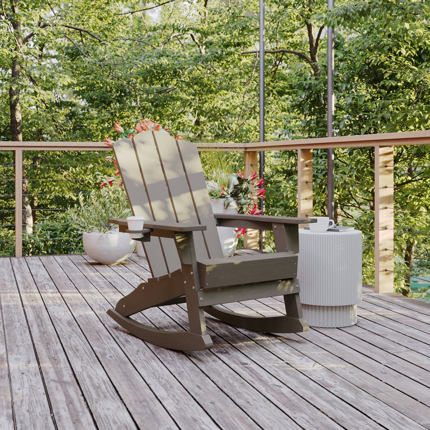 Newport Adirondack Rocking Chair with Cup Holder, Weather Resistant HDPE Adirondack Rocking Chair in Brown Brown
