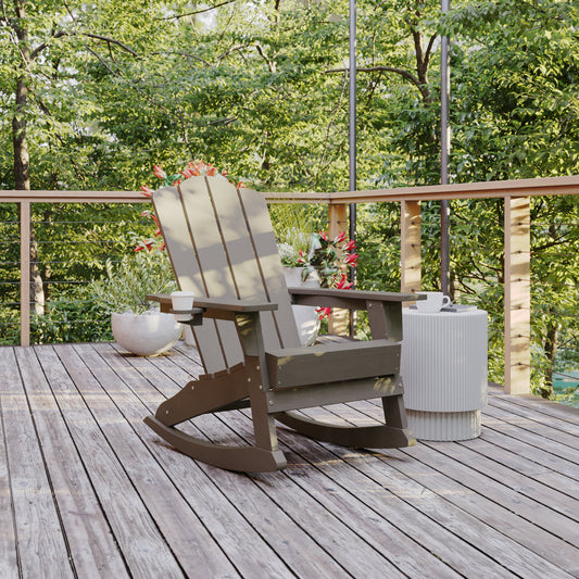 Newport Adirondack Rocking Chair with Cup Holder, Weather Resistant HDPE Adirondack Rocking Chair in Brown Brown