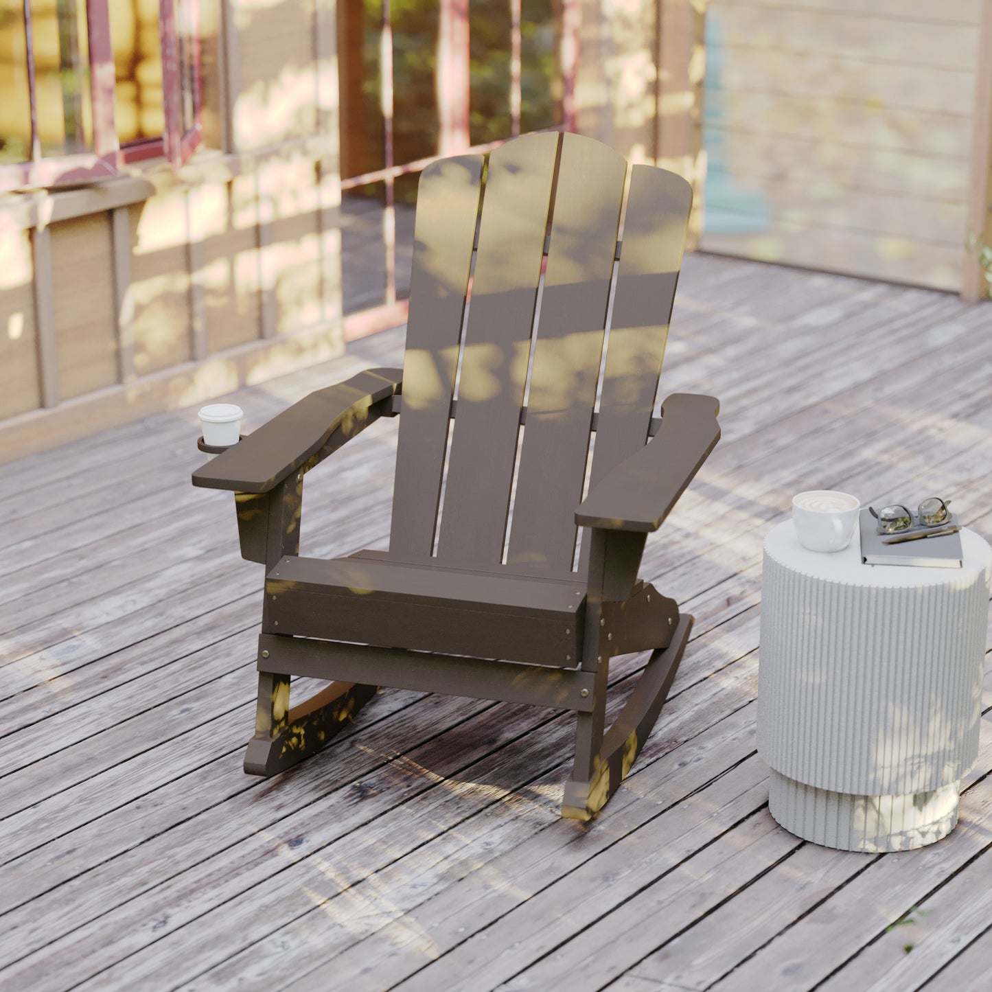 Newport Adirondack Rocking Chair with Cup Holder, Weather Resistant HDPE Adirondack Rocking Chair in Brown Brown