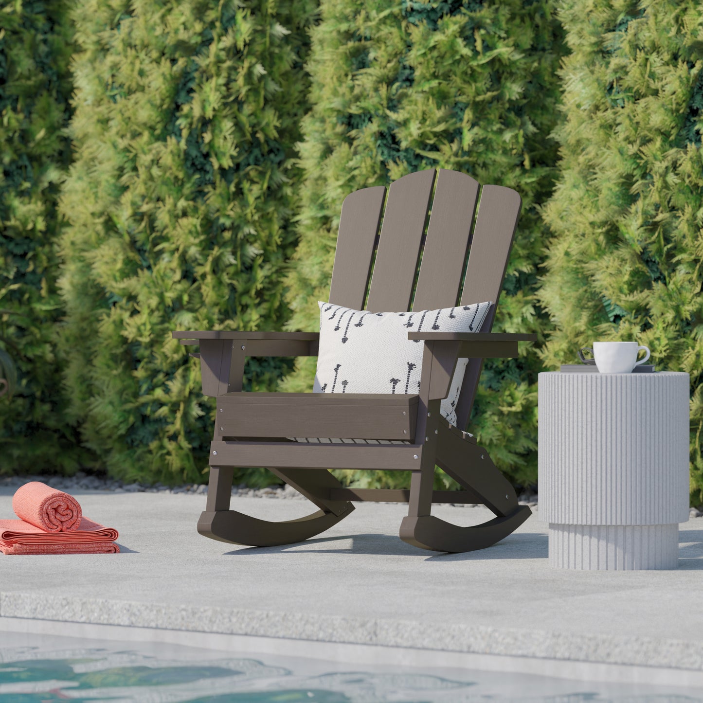 Newport Adirondack Rocking Chair with Cup Holder, Weather Resistant HDPE Adirondack Rocking Chair in Brown Brown