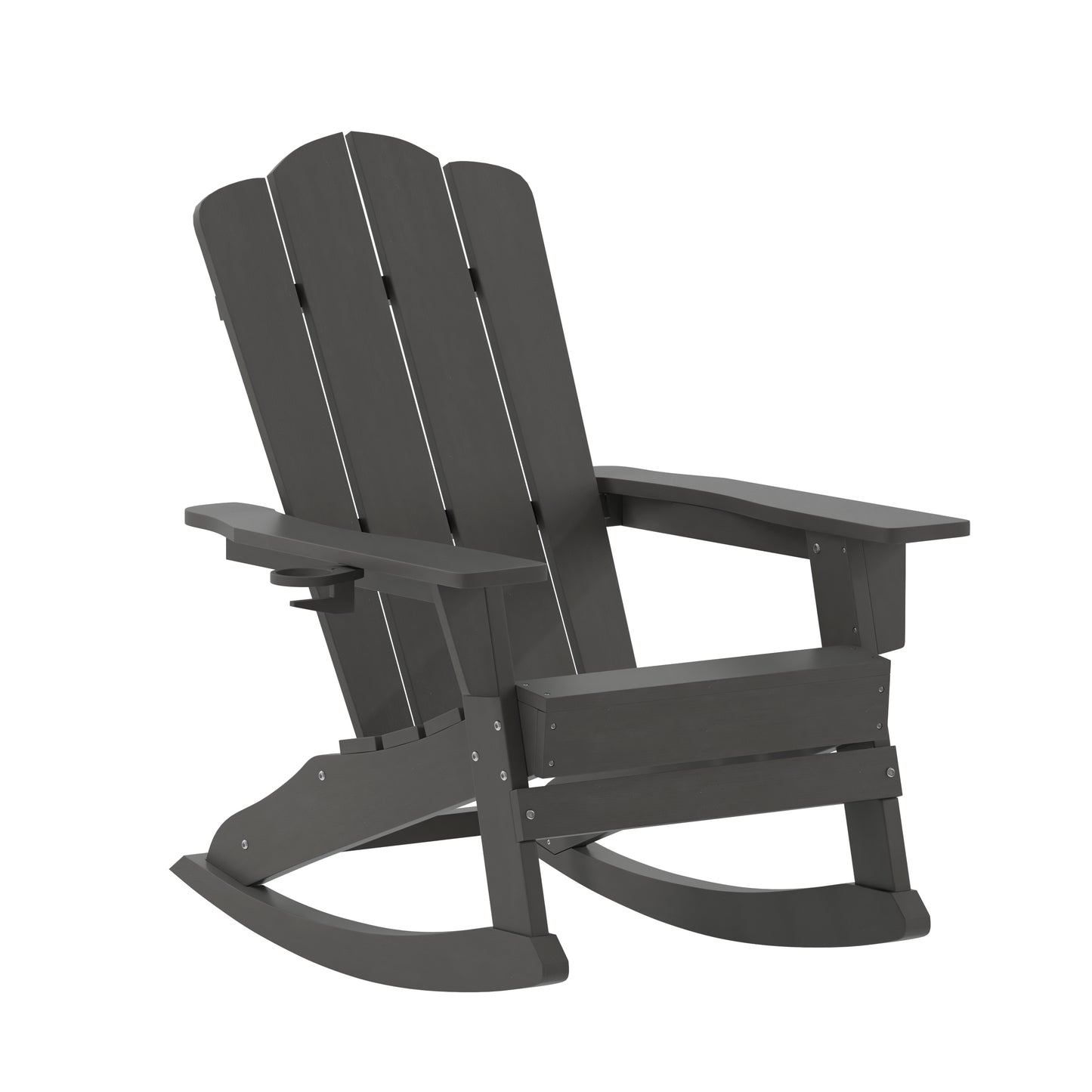 Newport Adirondack Rocking Chair with Cup Holder, Weather Resistant HDPE Adirondack Rocking Chair in Gray Gray