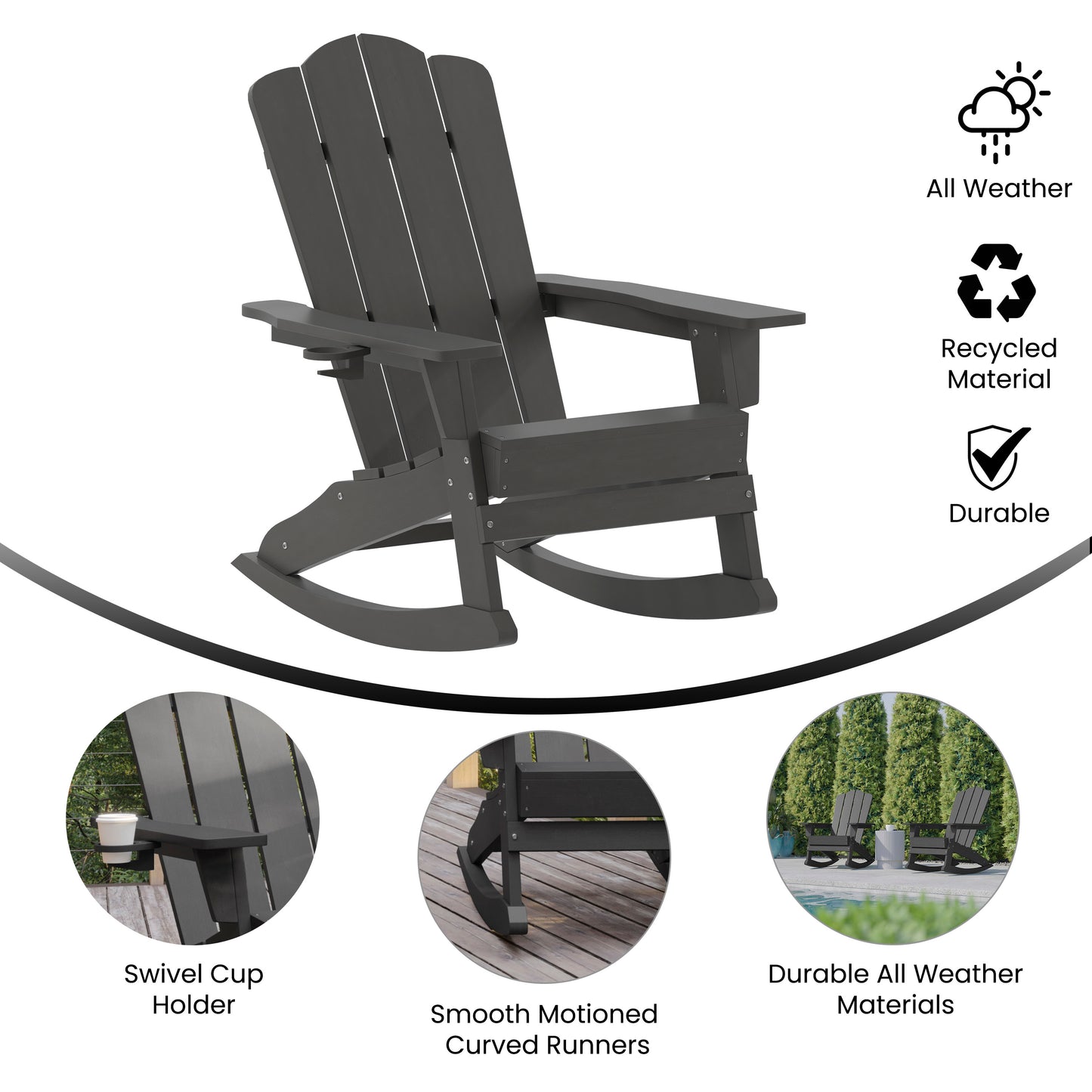Newport Adirondack Rocking Chair with Cup Holder, Weather Resistant HDPE Adirondack Rocking Chair in Gray Gray