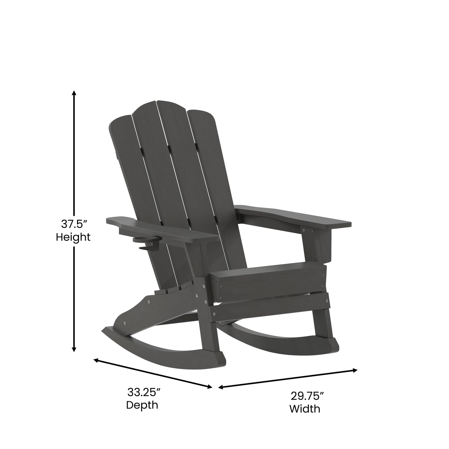 Newport Adirondack Rocking Chair with Cup Holder, Weather Resistant HDPE Adirondack Rocking Chair in Gray Gray