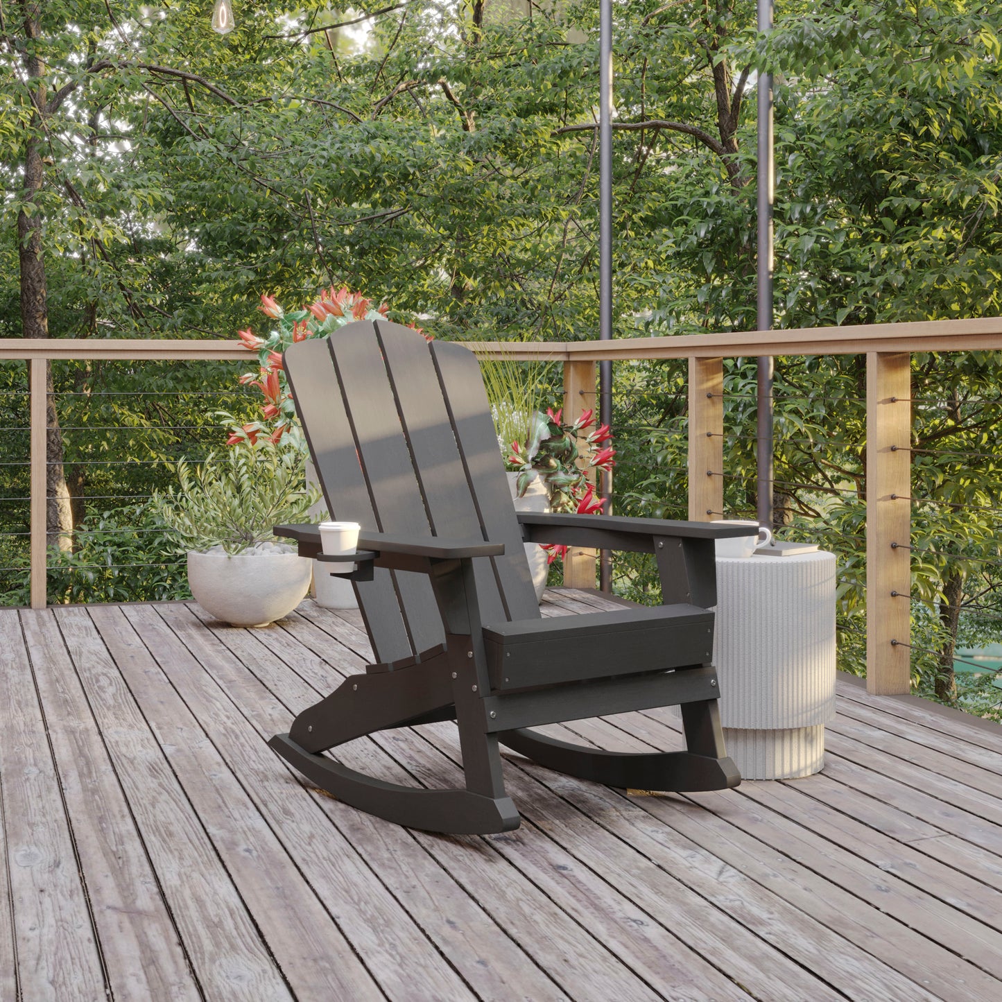 Newport Adirondack Rocking Chair with Cup Holder, Weather Resistant HDPE Adirondack Rocking Chair in Gray Gray