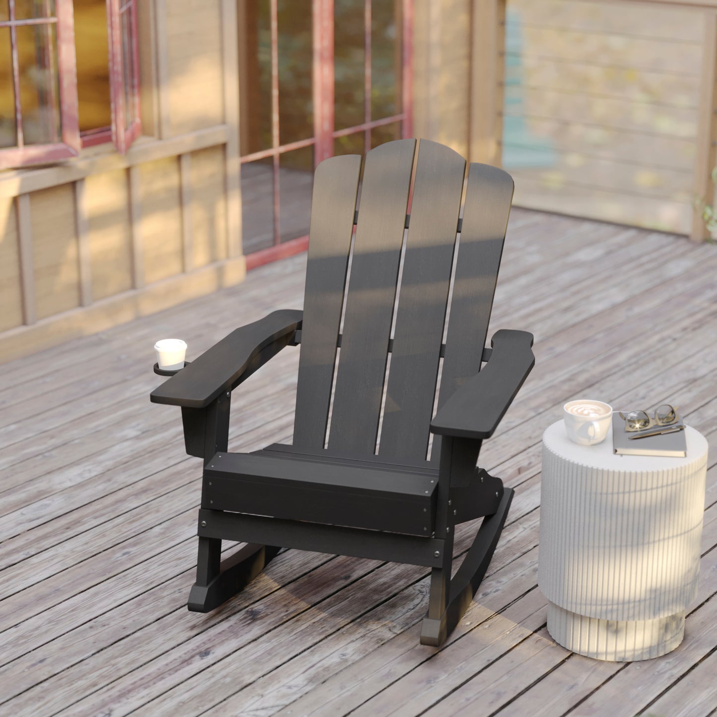 Newport Adirondack Rocking Chair with Cup Holder, Weather Resistant HDPE Adirondack Rocking Chair in Gray Gray