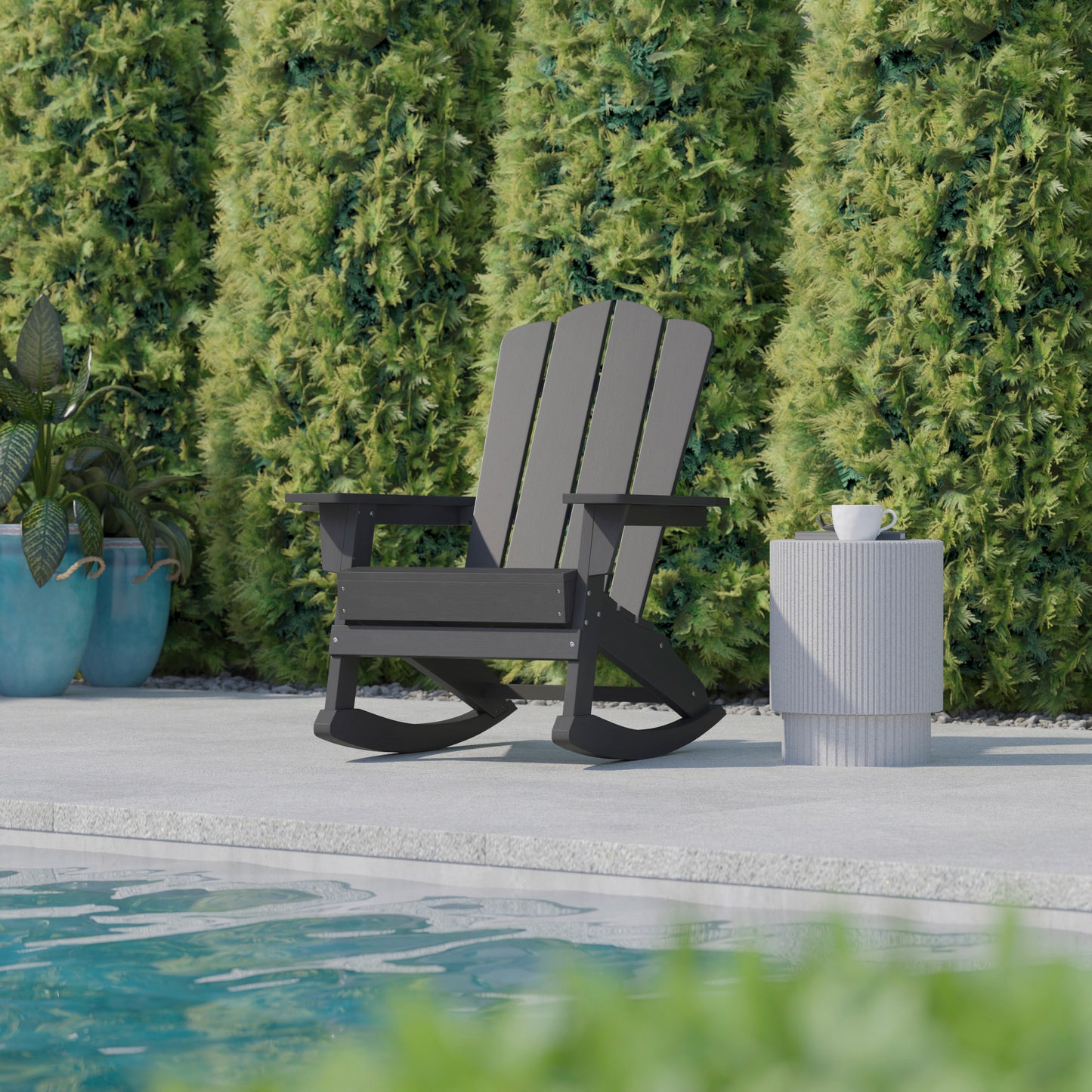 Newport Adirondack Rocking Chair with Cup Holder, Weather Resistant HDPE Adirondack Rocking Chair in Gray Gray