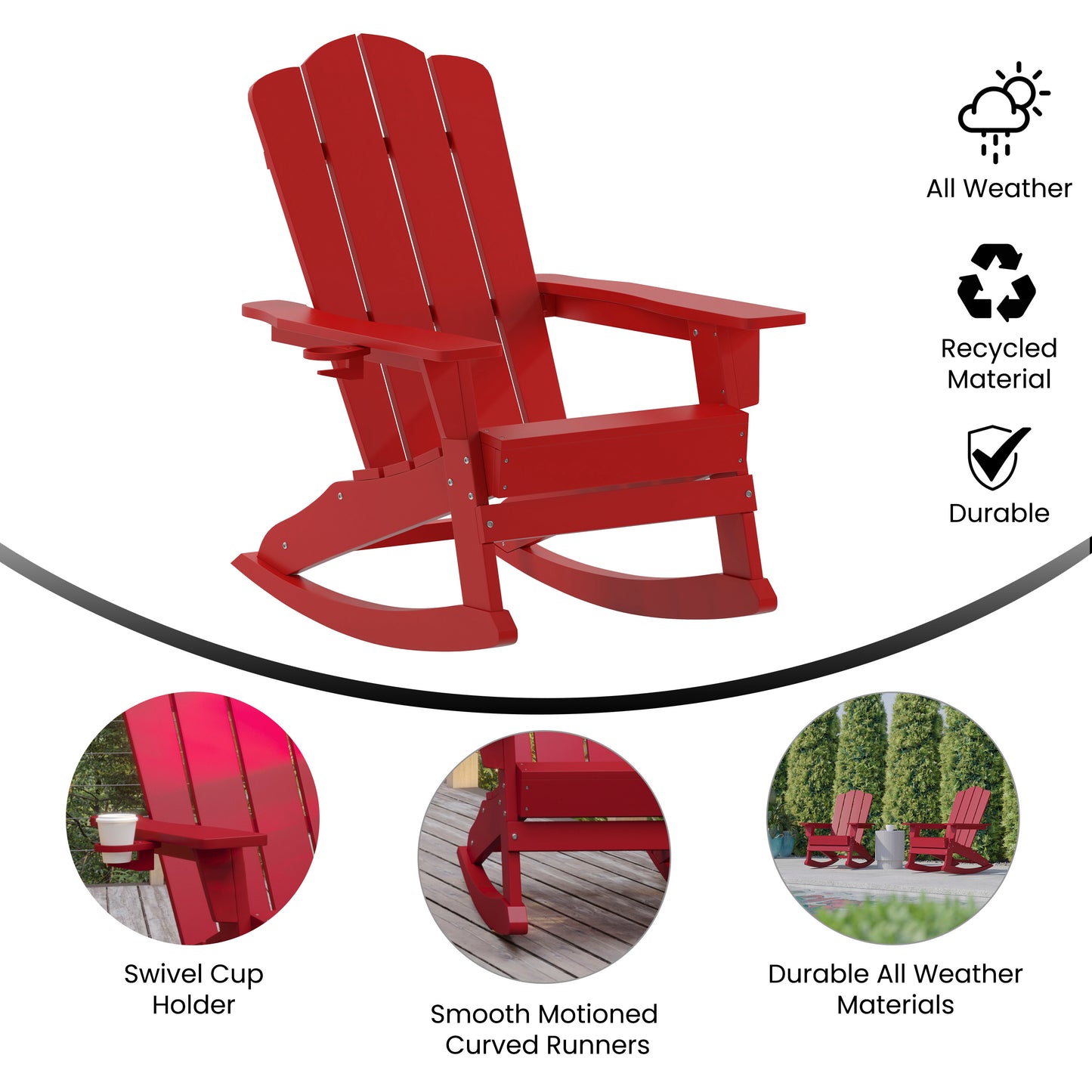 Newport Adirondack Rocking Chair with Cup Holder, Weather Resistant HDPE Adirondack Rocking Chair in Red Red