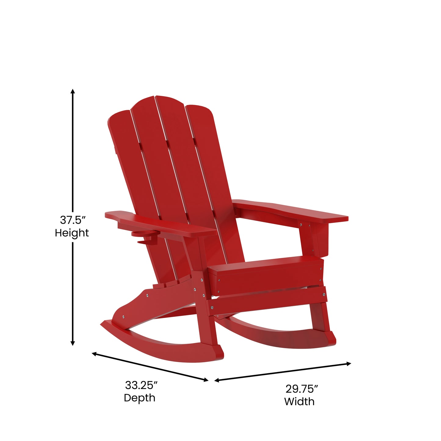 Newport Adirondack Rocking Chair with Cup Holder, Weather Resistant HDPE Adirondack Rocking Chair in Red Red