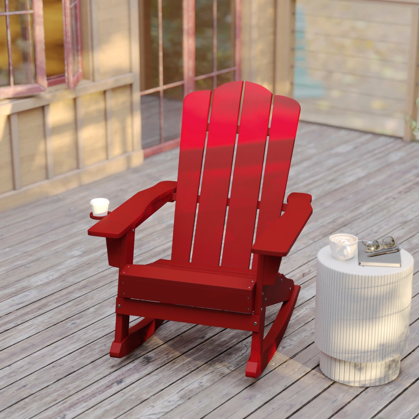 Newport Adirondack Rocking Chair with Cup Holder, Weather Resistant HDPE Adirondack Rocking Chair in Red Red