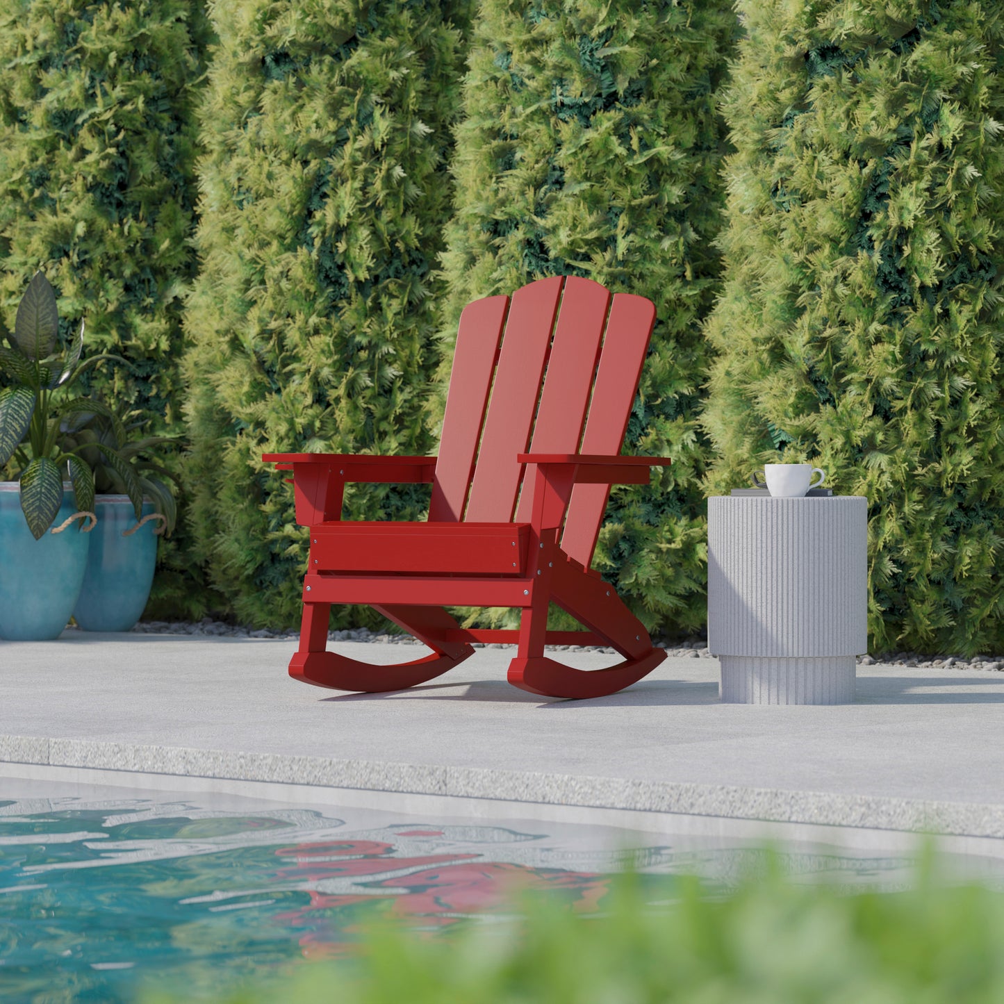 Newport Adirondack Rocking Chair with Cup Holder, Weather Resistant HDPE Adirondack Rocking Chair in Red Red