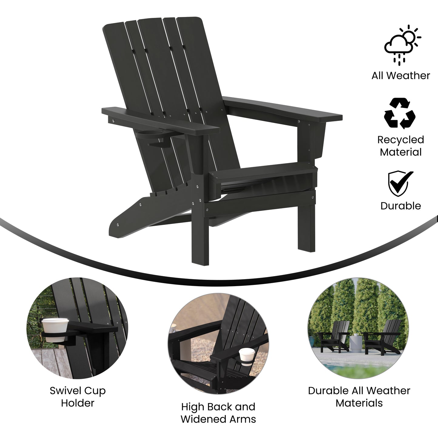 Halifax Adirondack Chair with Cup Holder, Weather Resistant HDPE Adirondack Chair in Black Black
