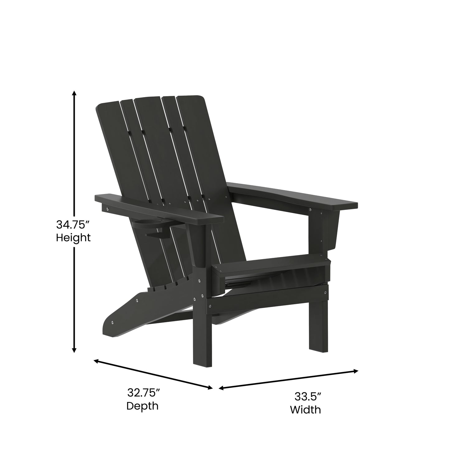 Halifax Adirondack Chair with Cup Holder, Weather Resistant HDPE Adirondack Chair in Black Black