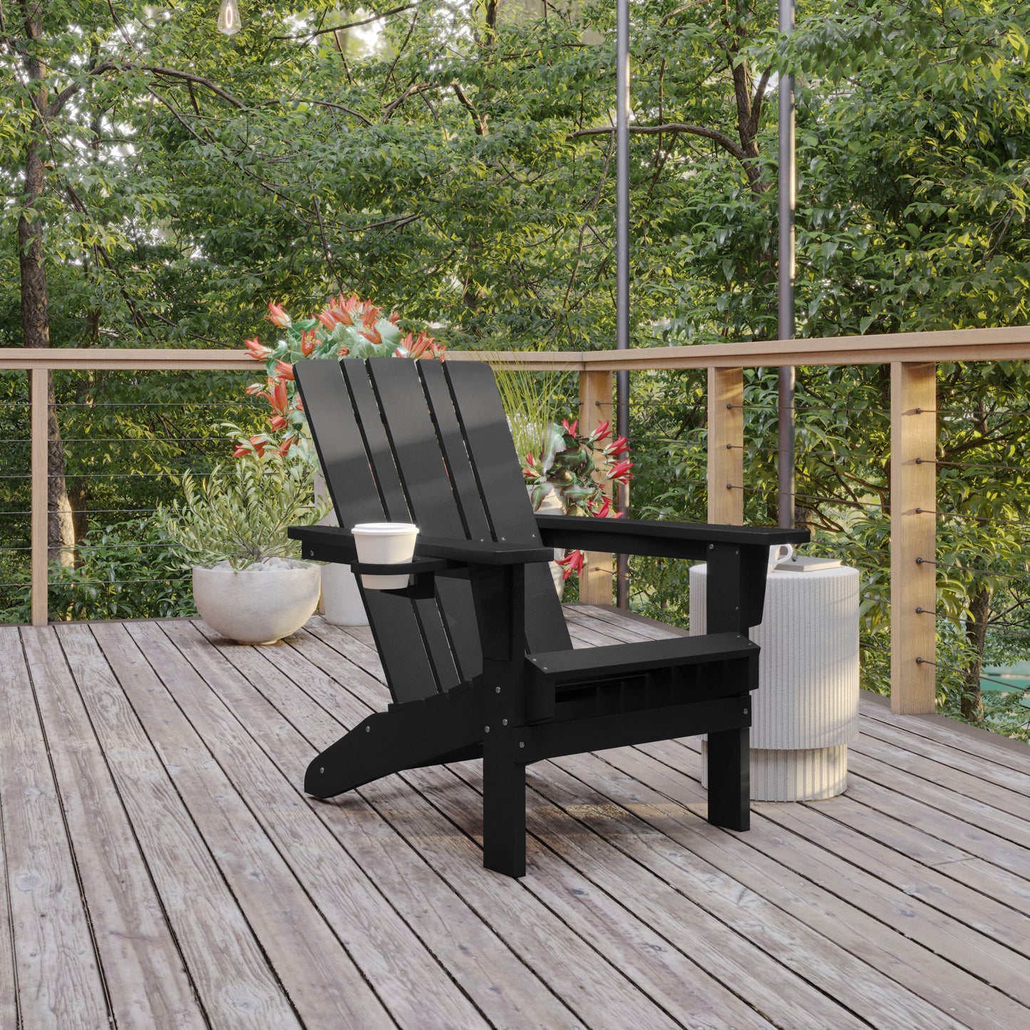 Halifax Adirondack Chair with Cup Holder, Weather Resistant HDPE Adirondack Chair in Black Black