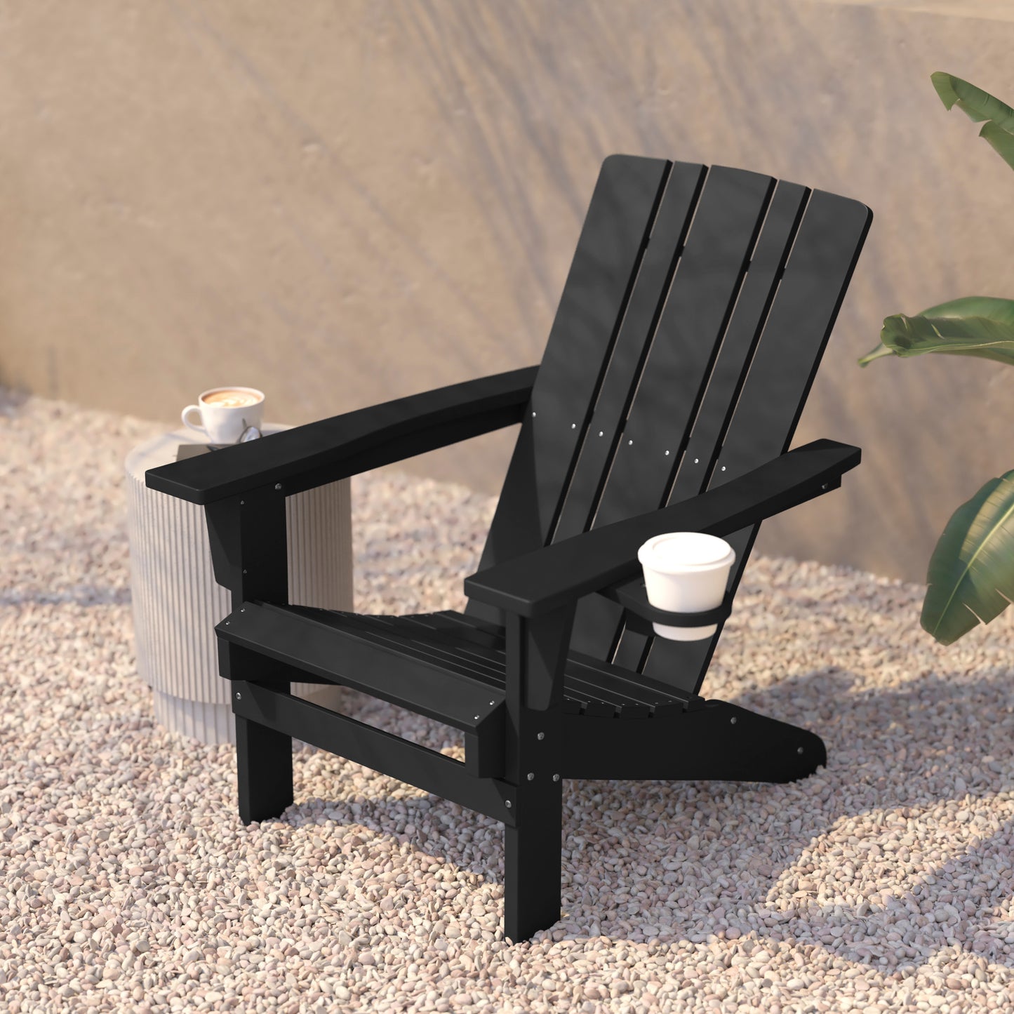 Halifax Adirondack Chair with Cup Holder, Weather Resistant HDPE Adirondack Chair in Black Black