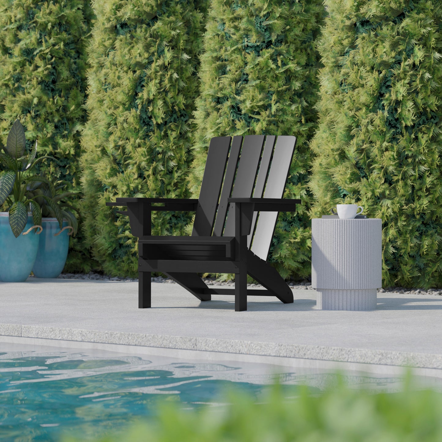 Halifax Adirondack Chair with Cup Holder, Weather Resistant HDPE Adirondack Chair in Black Black