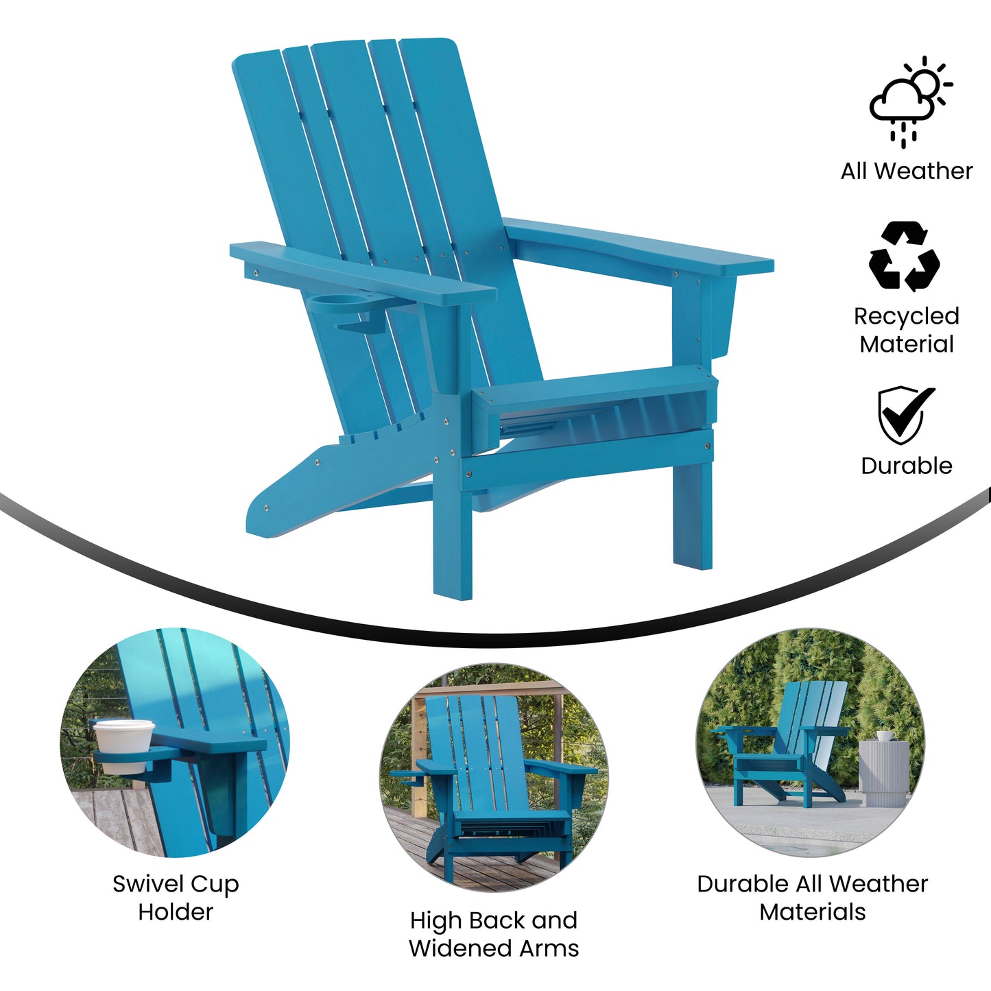 Halifax Adirondack Chair with Cup Holder, Weather Resistant HDPE Adirondack Chair in Blue Blue