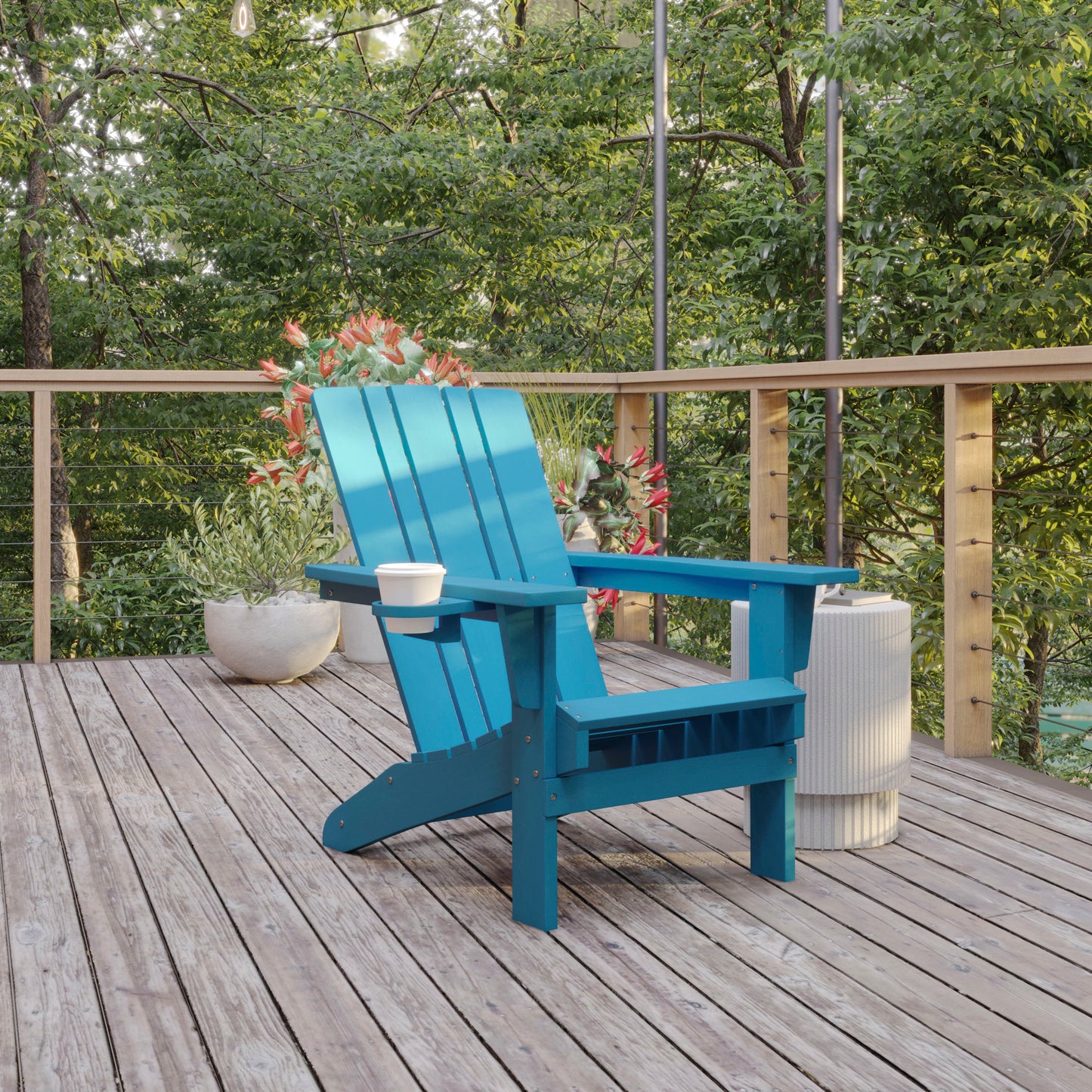 Halifax Adirondack Chair with Cup Holder, Weather Resistant HDPE Adirondack Chair in Blue Blue