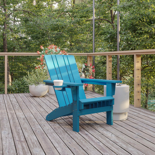 Halifax Adirondack Chair with Cup Holder, Weather Resistant HDPE Adirondack Chair in Blue Blue