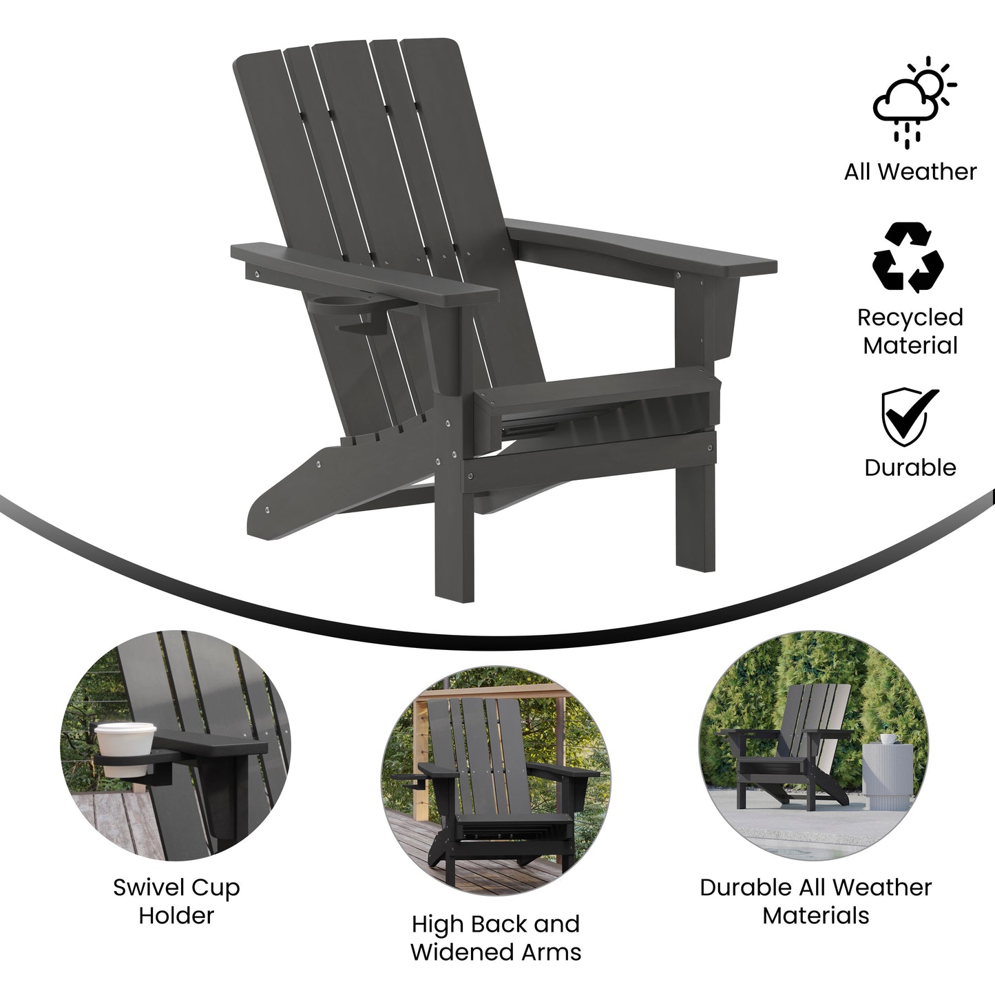 Halifax Adirondack Chair with Cup Holder, Weather Resistant HDPE Adirondack Chair in Gray Gray