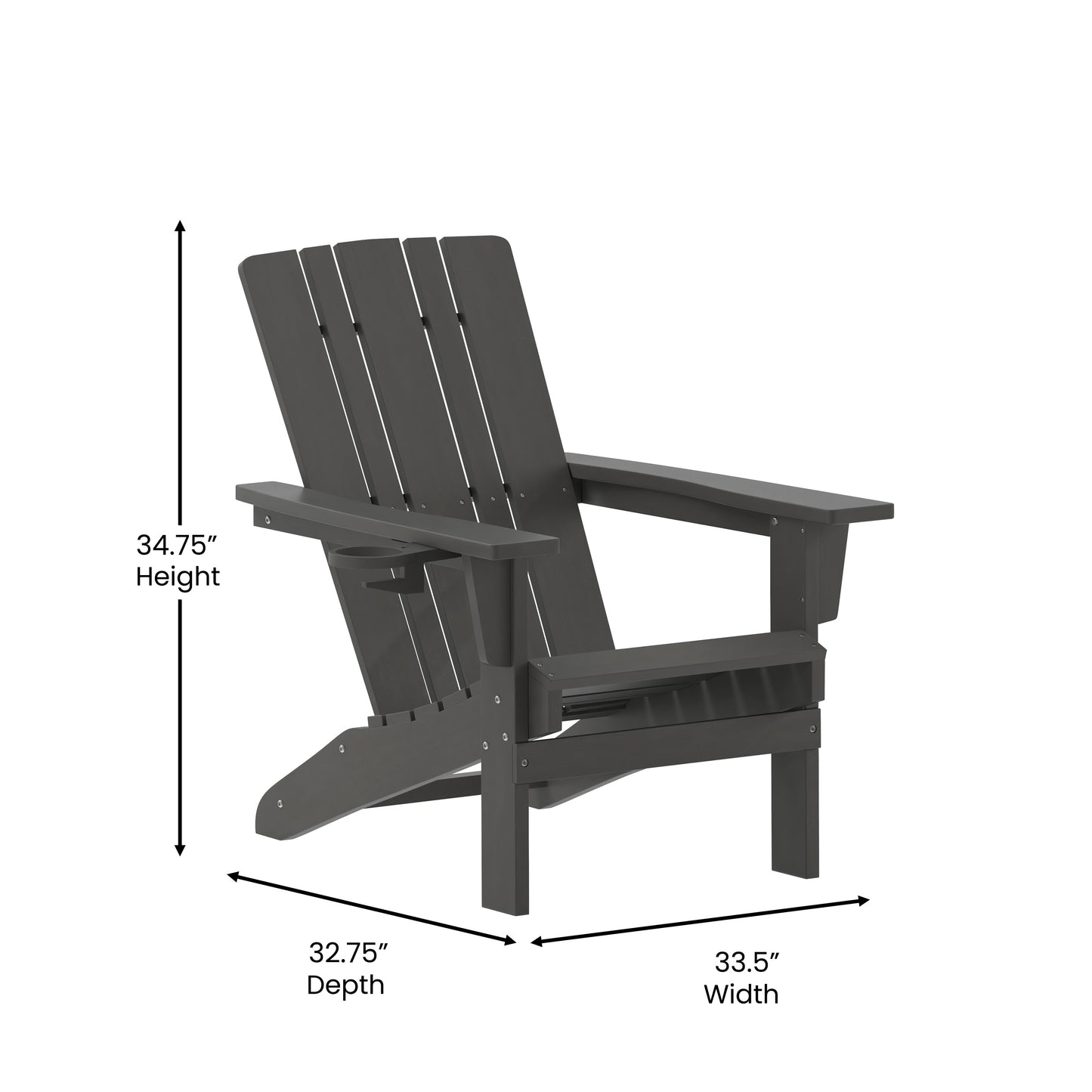 Halifax Adirondack Chair with Cup Holder, Weather Resistant HDPE Adirondack Chair in Gray Gray