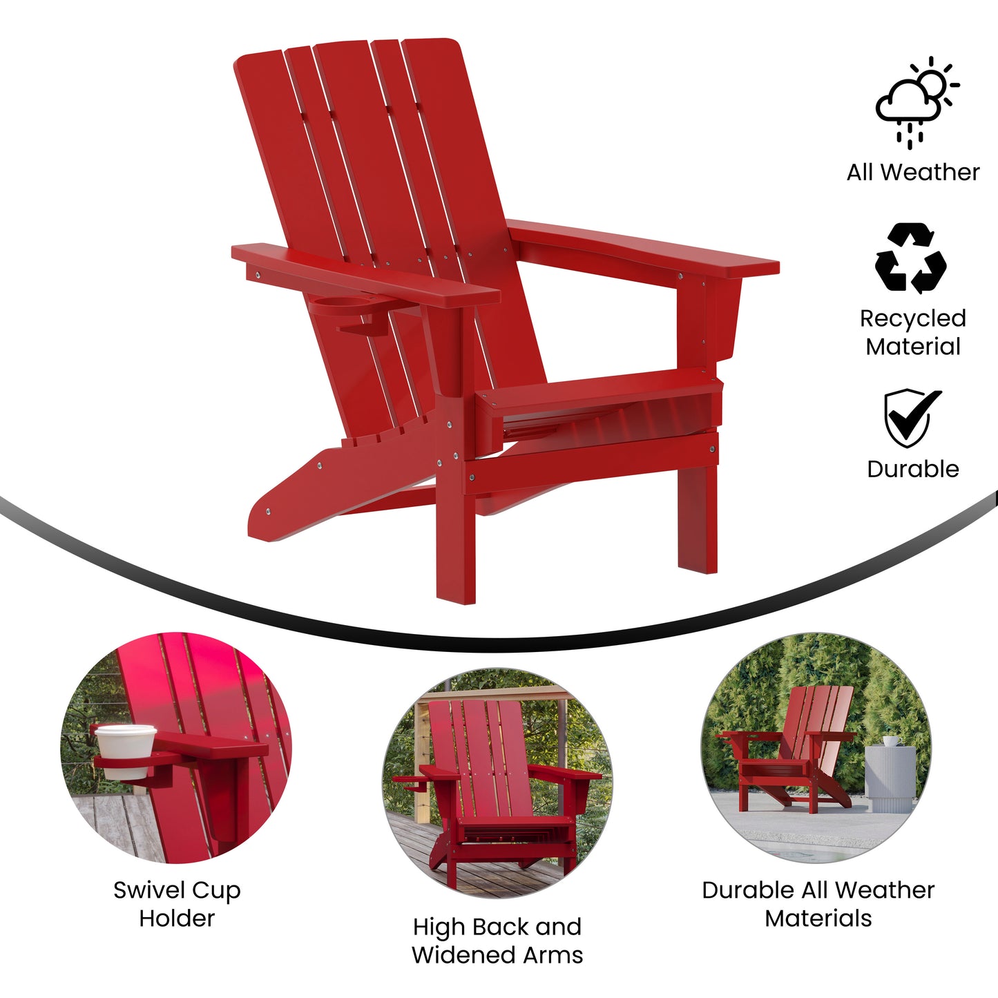 Halifax Adirondack Chair with Cup Holder, Weather Resistant HDPE Adirondack Chair in Red Red