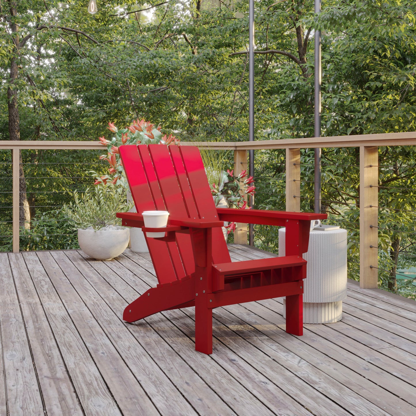 Halifax Adirondack Chair with Cup Holder, Weather Resistant HDPE Adirondack Chair in Red Red