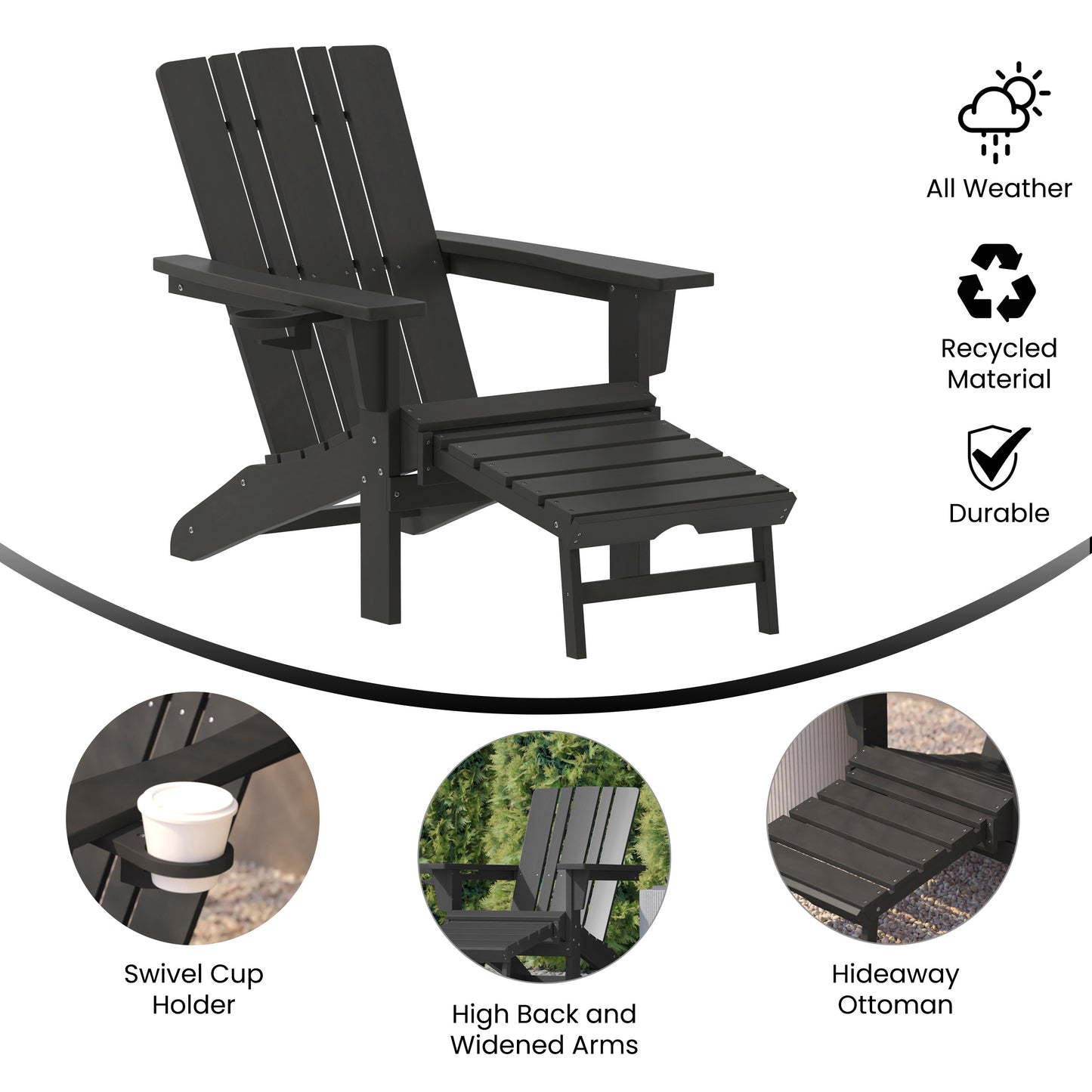 Halifax HDPE Adirondack Chair with Cup Holder and Pull Out Ottoman, All-Weather HDPE Indoor/Outdoor Lounge Chair in Black Black