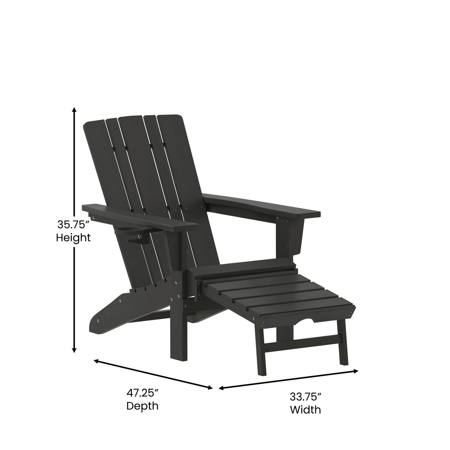 Halifax HDPE Adirondack Chair with Cup Holder and Pull Out Ottoman, All-Weather HDPE Indoor/Outdoor Lounge Chair in Black Black