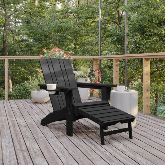 Halifax HDPE Adirondack Chair with Cup Holder and Pull Out Ottoman, All-Weather HDPE Indoor/Outdoor Lounge Chair in Black Black