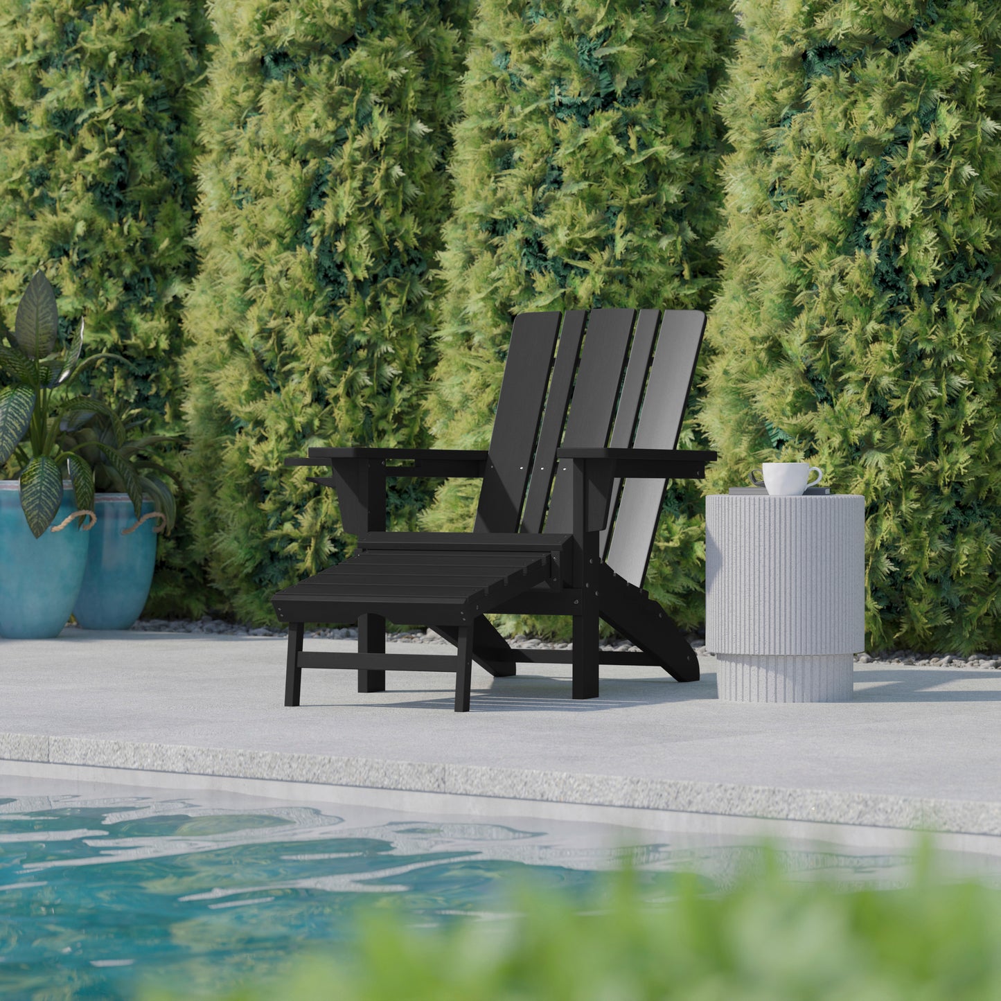 Halifax HDPE Adirondack Chair with Cup Holder and Pull Out Ottoman, All-Weather HDPE Indoor/Outdoor Lounge Chair in Black Black