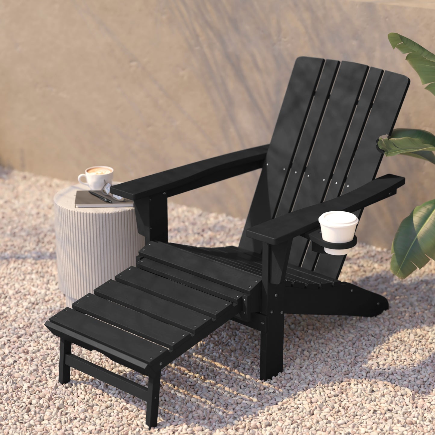 Halifax HDPE Adirondack Chair with Cup Holder and Pull Out Ottoman, All-Weather HDPE Indoor/Outdoor Lounge Chair in Black Black