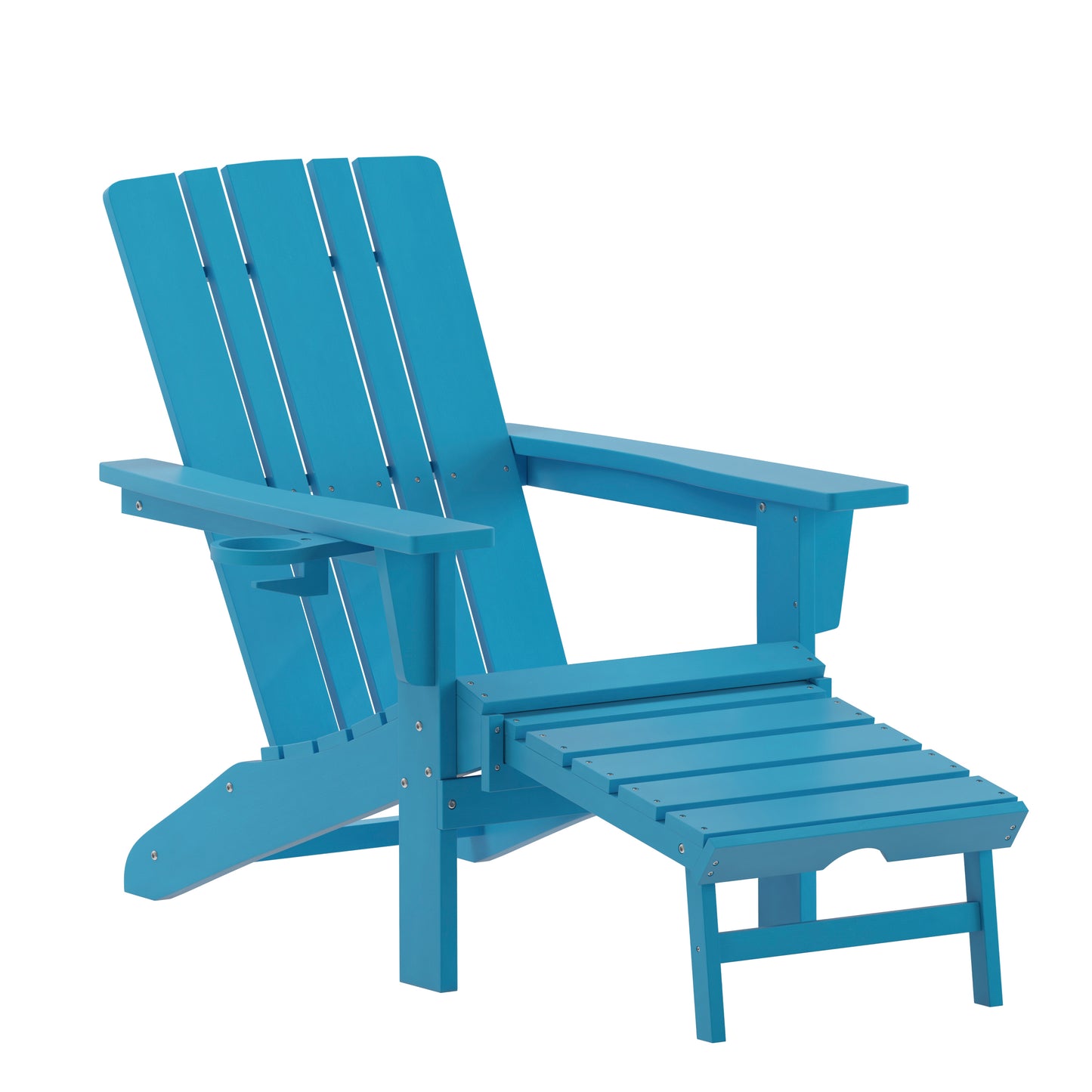 Halifax HDPE Adirondack Chair with Cup Holder and Pull Out Ottoman, All-Weather HDPE Indoor/Outdoor Lounge Chair in Blue Blue