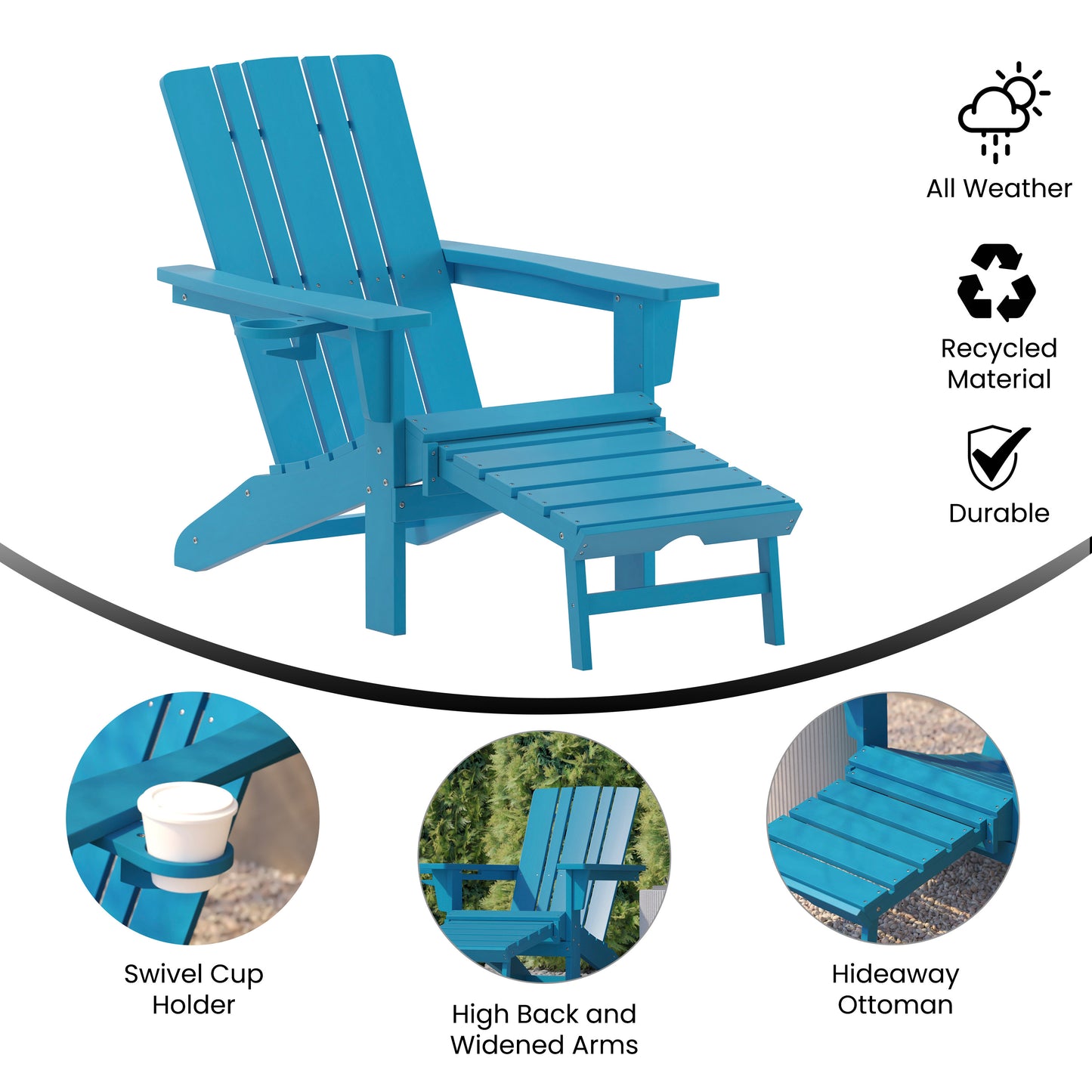Halifax HDPE Adirondack Chair with Cup Holder and Pull Out Ottoman, All-Weather HDPE Indoor/Outdoor Lounge Chair in Blue Blue