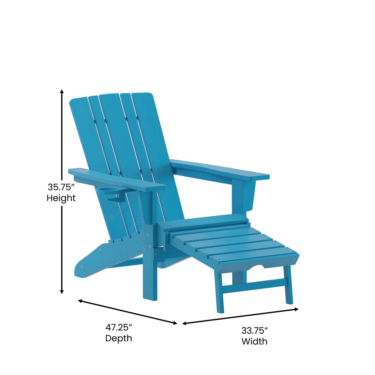 Halifax HDPE Adirondack Chair with Cup Holder and Pull Out Ottoman, All-Weather HDPE Indoor/Outdoor Lounge Chair in Blue Blue