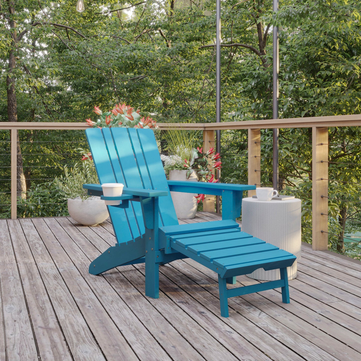 Halifax HDPE Adirondack Chair with Cup Holder and Pull Out Ottoman, All-Weather HDPE Indoor/Outdoor Lounge Chair in Blue Blue