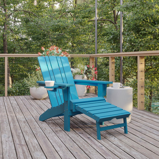 Halifax HDPE Adirondack Chair with Cup Holder and Pull Out Ottoman, All-Weather HDPE Indoor/Outdoor Lounge Chair in Blue Blue