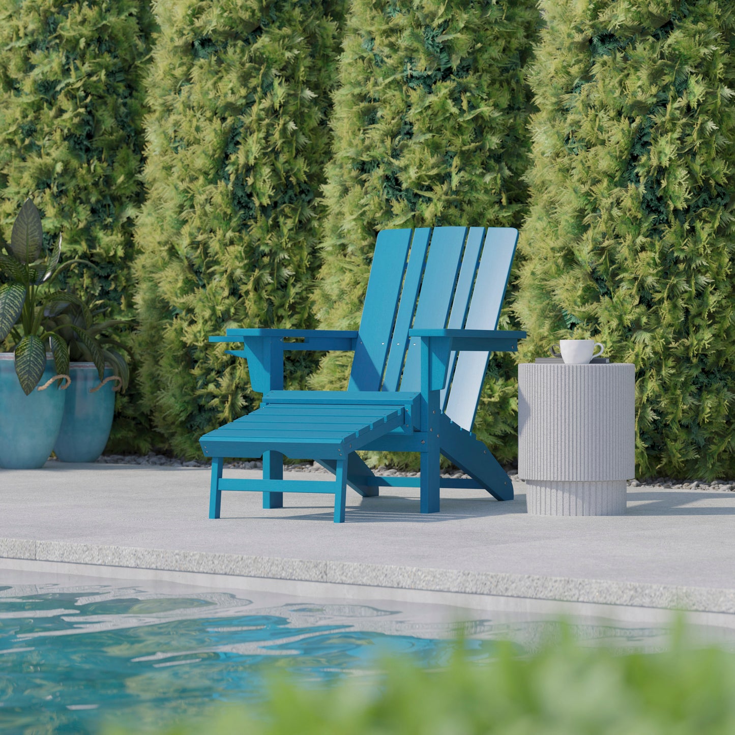 Halifax HDPE Adirondack Chair with Cup Holder and Pull Out Ottoman, All-Weather HDPE Indoor/Outdoor Lounge Chair in Blue Blue