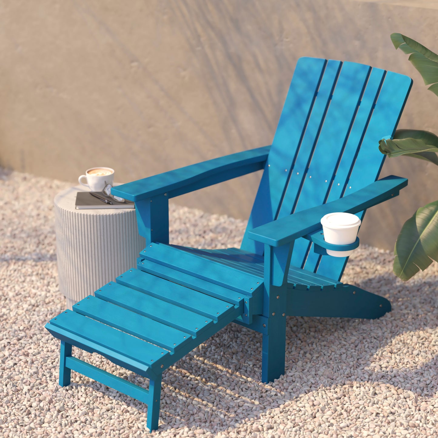 Halifax HDPE Adirondack Chair with Cup Holder and Pull Out Ottoman, All-Weather HDPE Indoor/Outdoor Lounge Chair in Blue Blue