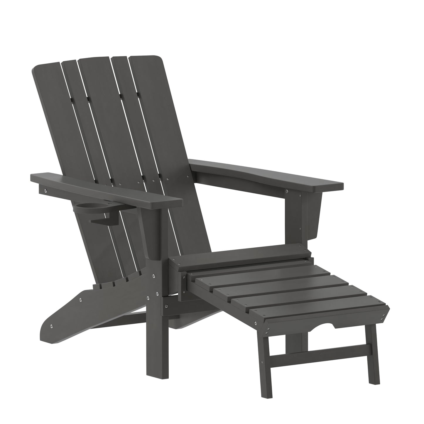 Halifax HDPE Adirondack Chair with Cup Holder and Pull Out Ottoman, All-Weather HDPE Indoor/Outdoor Lounge Chair in Gray Gray