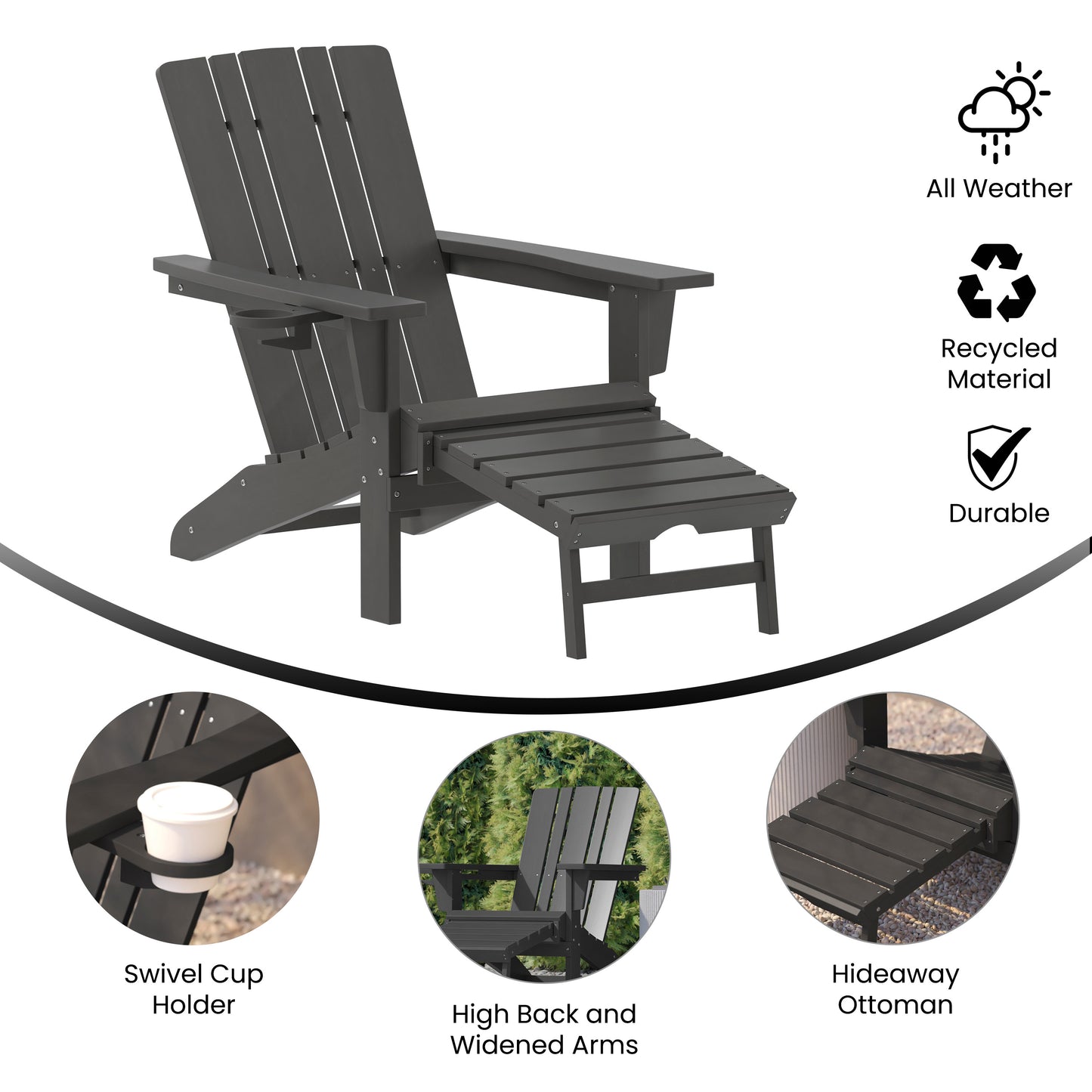 Halifax HDPE Adirondack Chair with Cup Holder and Pull Out Ottoman, All-Weather HDPE Indoor/Outdoor Lounge Chair in Gray Gray